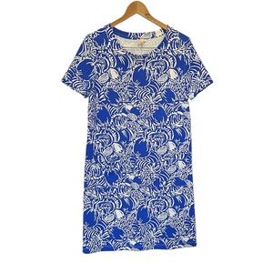 Tuckernuck Persifor Blue White Pineapple Print Short Slv Midi Dress Pockets XL
